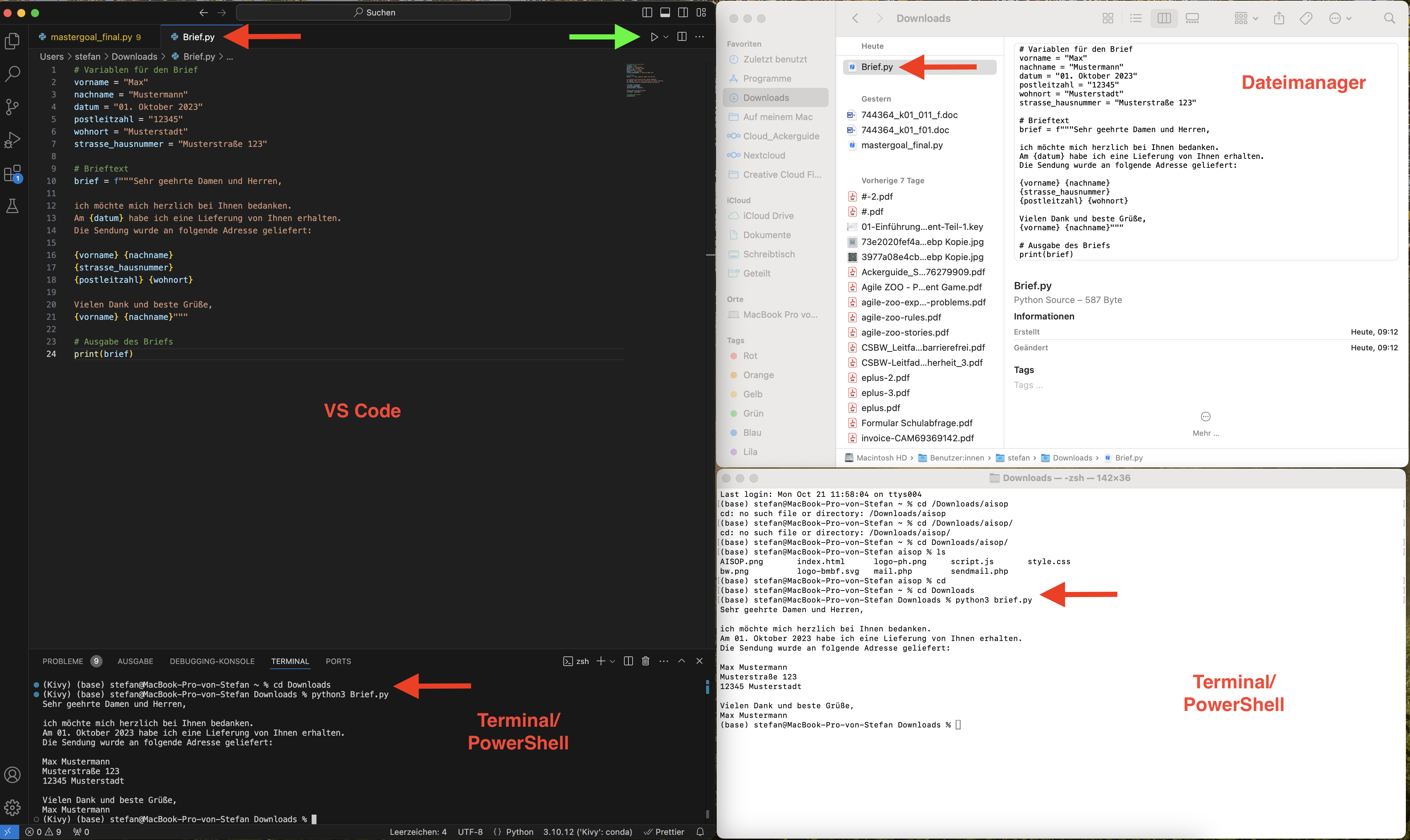 VS Code, Dateimanager und Terminal nebeneinander